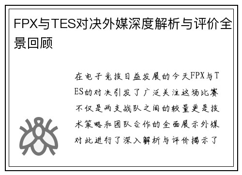 FPX与TES对决外媒深度解析与评价全景回顾